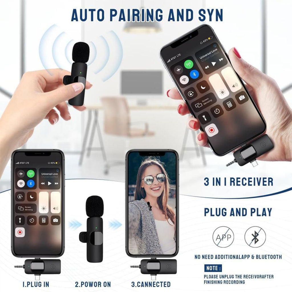 Microphone Cravate Sans Fil 3 en 1 – Plug & Play avec Réduction de Bruit Intelligente