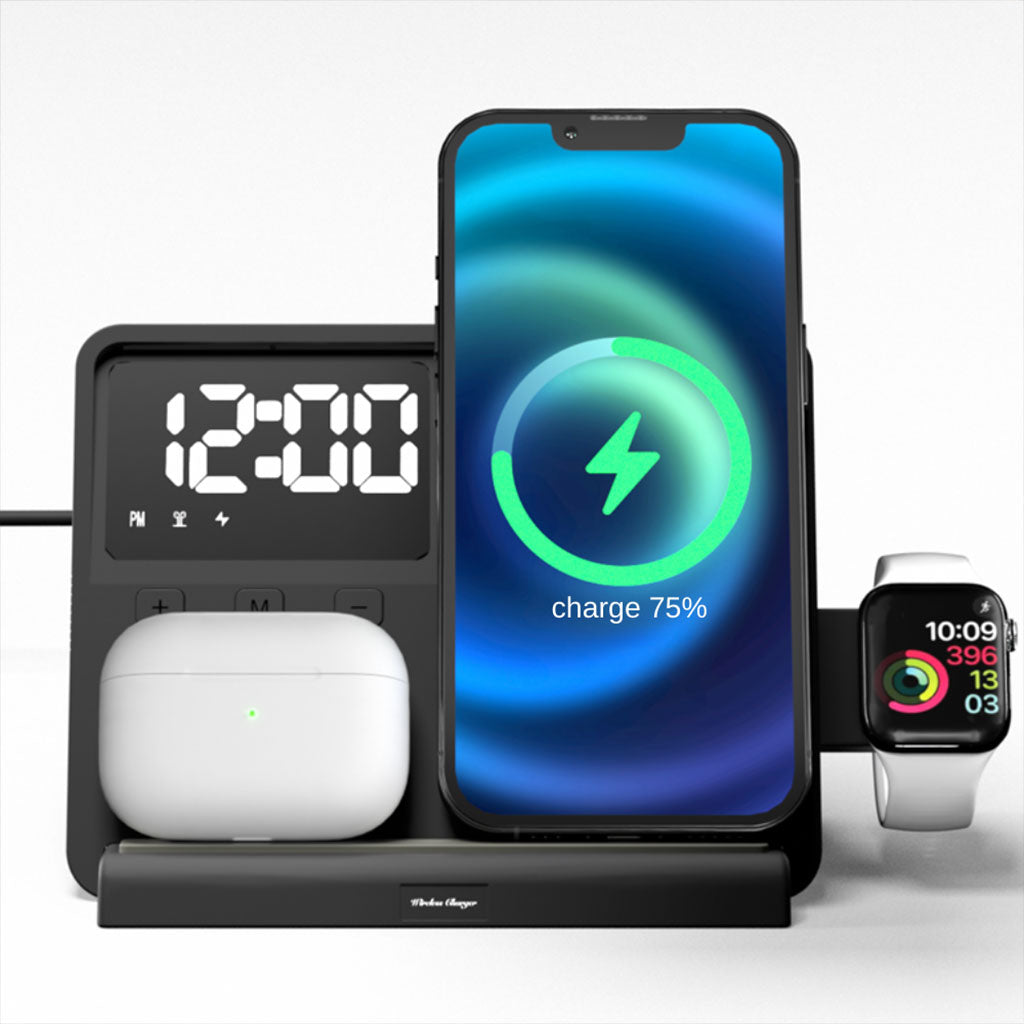 Station de Charge Sans Fil 5 en 1 avec Réveil Intégré et Design Magnétique