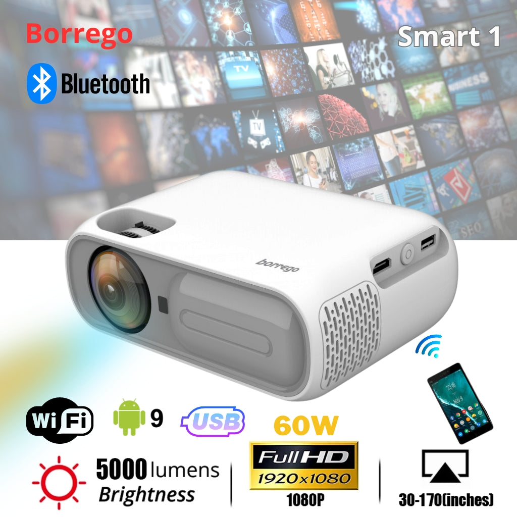 Projecteur Smart Borrego Android 9.0 – Vidéoprojecteur LED HD avec Bluetooth